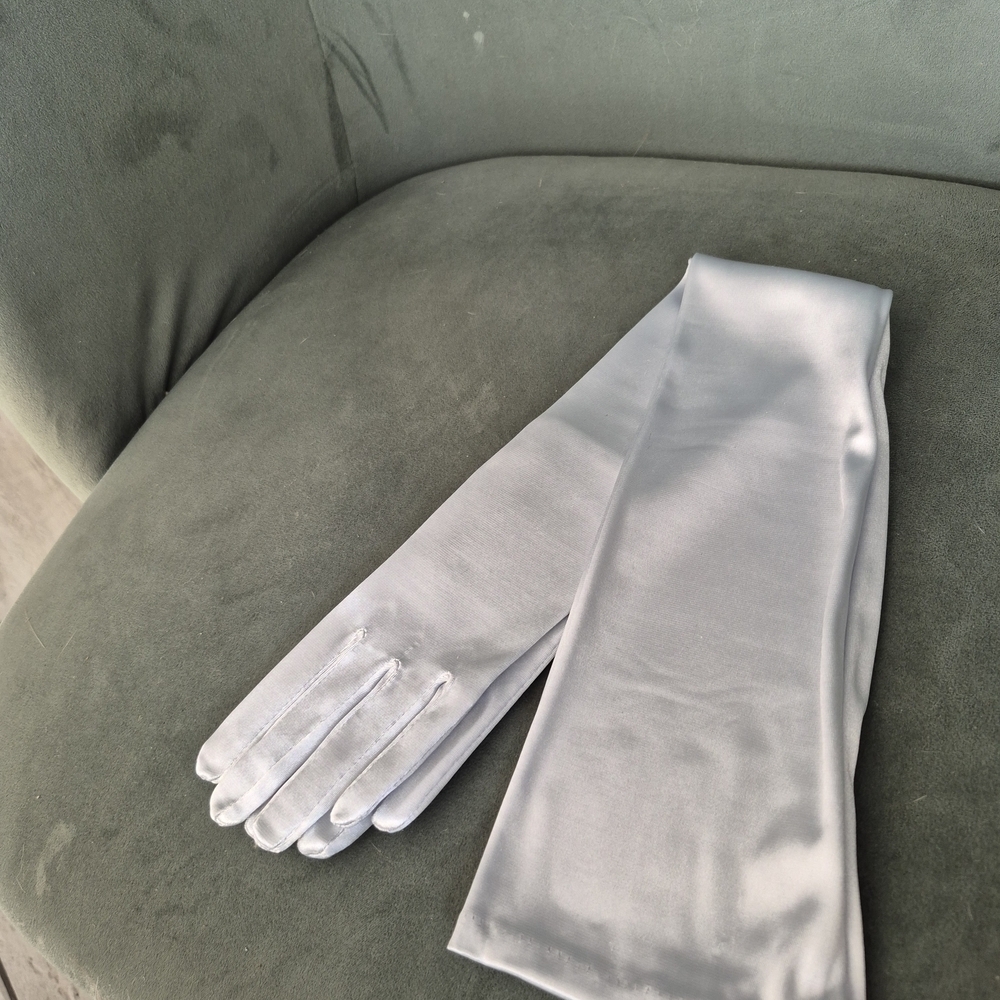 Elegant Silver Satin Stretchy Gloves Formal Events 23 Inch. 4 Available New - Picture 4 of 4